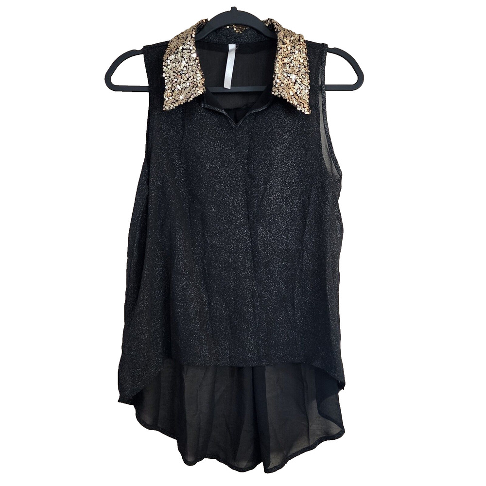 Avec Womens Pullover Blouse Tunic Size S Black Gold Sequined Sleeveless Sheer